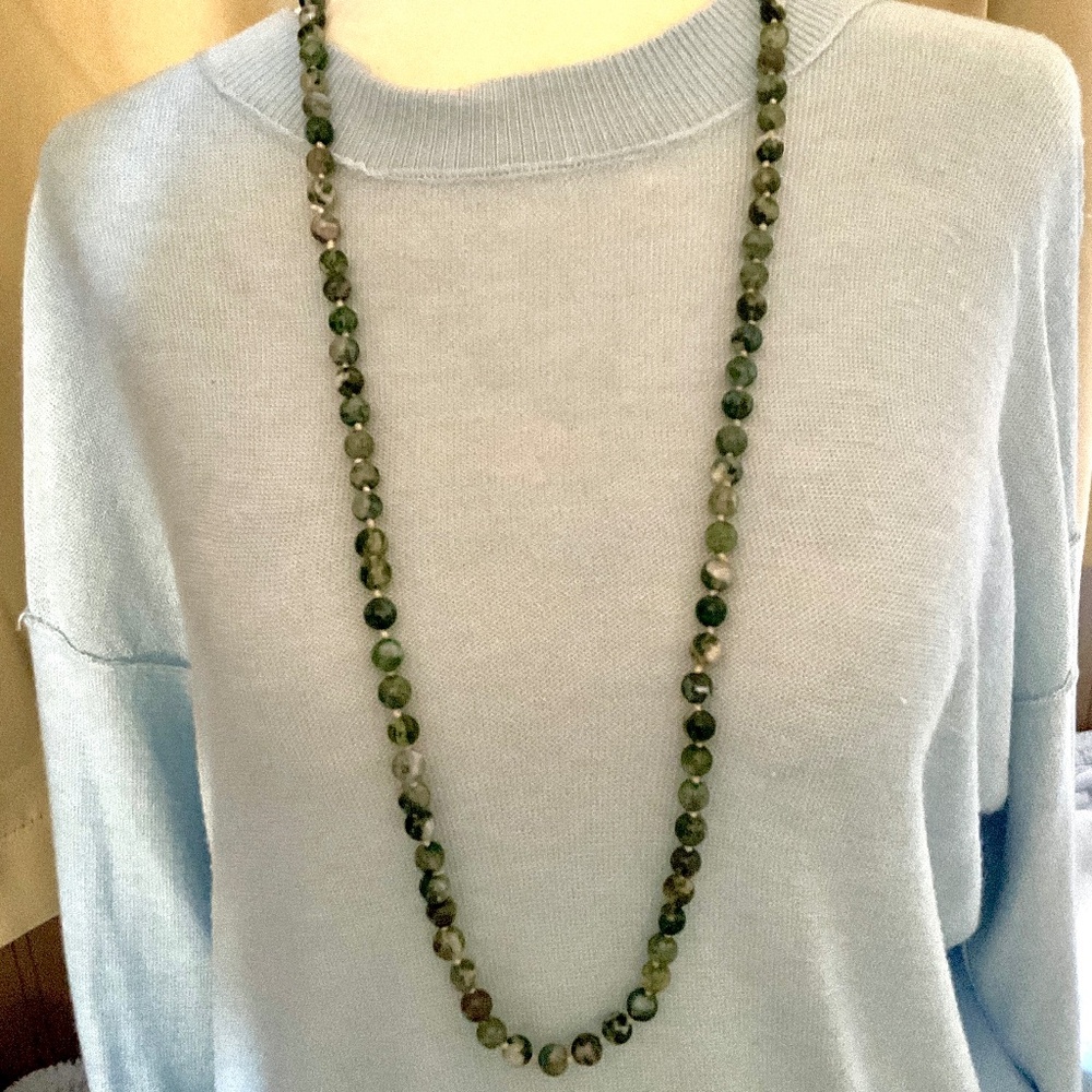 New Necklace Natural Green Moss Agate Beads Smooth Round 36” Lariat 6mm Pull On